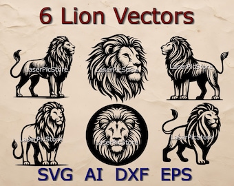 May include: Six black and white vector illustrations of lions in various poses. The lions are depicted with detailed manes and facial features. The text "6 Lion Vectors" is displayed at the top of the image. The text "SVG AI DXF EPS" is displayed at the bottom of the image.