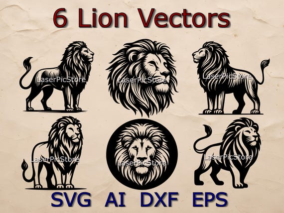 6 Lion Vector Files - SVG AI DXF eps - Basic Lines svg files - African Animal Engraving Files