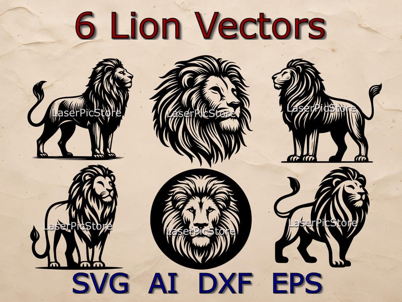 May include: Six black and white vector illustrations of lions in various poses. The lions are depicted with detailed manes and facial features. The text "6 Lion Vectors" is displayed at the top of the image. The text "SVG AI DXF EPS" is displayed at the bottom of the image.