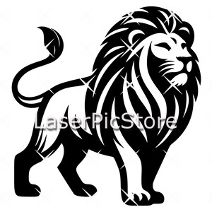 May include: Black and white silhouette of a lion with a thick mane. The lion is standing with its head turned to the side and its mouth slightly open.