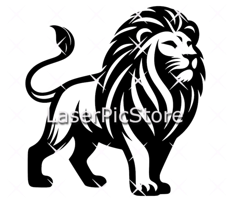 May include: Black and white silhouette of a lion with a thick mane. The lion is standing with its head turned to the side and its mouth slightly open.