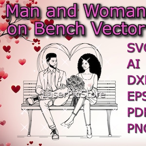May include: Black and white line art illustration of a couple sitting on a bench. The couple is holding a bouquet of flowers. The image is set against a background of hearts.