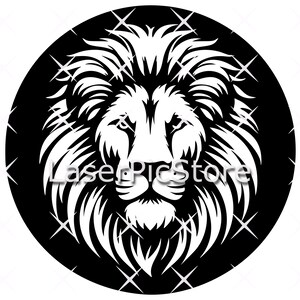 May include: Black and white illustration of a lion's head with a thick mane. The lion's face is in profile, with its mouth closed and its eyes looking forward.