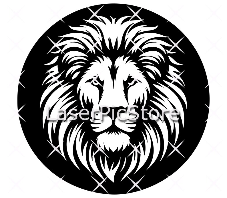 May include: Black and white illustration of a lion's head with a thick mane. The lion's face is in profile, with its mouth closed and its eyes looking forward.