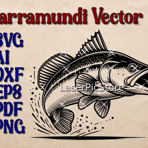 May include: Black and white vector illustration of a barramundi fish with its mouth open. The fish is drawn in a detailed style with scales and fins. The image is set against a light brown background with the text "Barramundi Vector" in red and "SVG, AI, DXF, EPS, PDF, PNG" in blue.