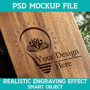 May include: A wooden cutting board with a light bulb design engraved into the surface. The design includes a stylized image of a book and the text "Your Design Here".