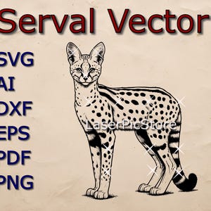 Może przedstawiać: Czarno-biała liniowa ilustracja przedstawiająca serwala, gatunek dzikiego kota, stojącego na beżowym tle. Obraz jest oznaczony jako "Serval Vector" i zawiera listę formatów plików: SVG, AI, DXF, EPS, PDF, PNG.