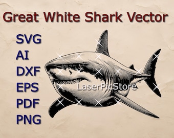 File vettoriale di squalo bianco - SVG AI DXF e altro - Animale marino in formato SVG - File di incisione di creature marine - Predatore oceanico