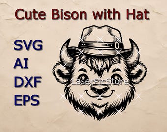 Cute Bison with Hat Vector File - SVG AI DXF - Cute Cartoon Animal svg - Printing - Cutting - Engraving