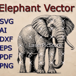 Może przedstawiać: Czarno-biała ilustracja wektorowa słonia z detalicznym, fakturowanym wzorem. Obraz zawiera tekst "Elephant Vector" i listę formatów plików: SVG, AI, DXF, EPS, PDF, PNG.