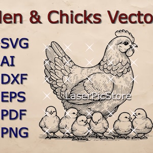 May include: A black and white line drawing of a hen and chicks. The hen is standing with her wings spread and her head turned to the side. The chicks are all huddled together beneath her.