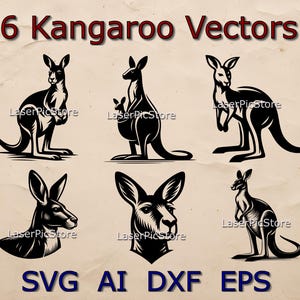 May include: Six black and white vector illustrations of kangaroos. The kangaroos are in various poses, including standing, sitting, and jumping. The illustrations are in a simple, stylized style.