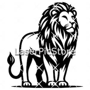 May include: Black and white silhouette of a lion with a thick mane standing with its head turned to the side.