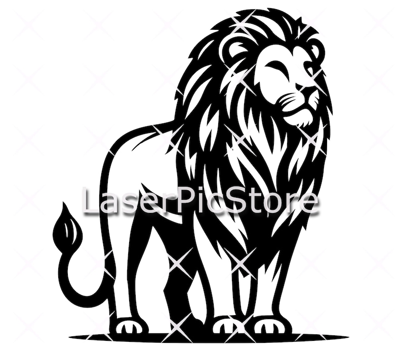 May include: Black and white silhouette of a lion with a thick mane standing with its head turned to the side.