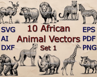 May include: A set of 10 black and white vector illustrations of African animals, including a lion, cheetah, giraffe, rhinoceros, hippopotamus, warthog, zebra, gorilla, and kudu. The illustrations are in a vintage style and are perfect for use in a variety of projects.