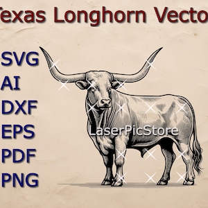 Puede incluir: Ilustración en blanco y negro de un toro Texas Longhorn con grandes cuernos. El toro está de pie con la cabeza en alto y los cuernos apuntando hacia adelante. La ilustración está sobre un fondo beige con el texto "Texas Longhorn Vector" en la parte superior y una lista de formatos de archivo (SVG, AI, DXF, EPS, PDF, PNG) en el lado izquierdo.