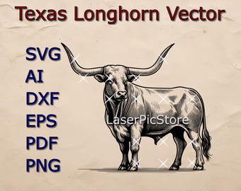 Könnte beinhalten: Schwarz-weiß-Linienzeichnung eines Texas Longhorn Bullen mit großen Hörnern. Der Bulle steht mit erhobenem Kopf und nach vorne gerichteten Hörnern. Die Illustration befindet sich auf einem beigefarbenen Hintergrund mit dem Text "Texas Longhorn Vector" oben und einer Liste von Dateiformaten (SVG, AI, DXF, EPS, PDF, PNG) auf der linken Seite.