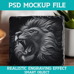 May include: Square black coaster with a detailed engraving of a roaring lion's head. The lion's mane and facial features are intricately rendered. The coaster has the text "PSD MOCKUP FILE" at the top and "REALISTIC ENGRAVING EFFECT SMART OBJECT" at the bottom.