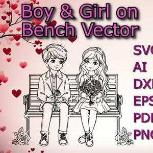 May include: Black and white line art illustration of a boy and girl sitting on a bench. The boy is holding a flower and the girl is holding a bouquet of flowers. The image is set against a background of hearts.