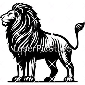 May include: A black and white illustration of a lion standing with its head turned to the left. The lion has a thick mane and a long tail.
