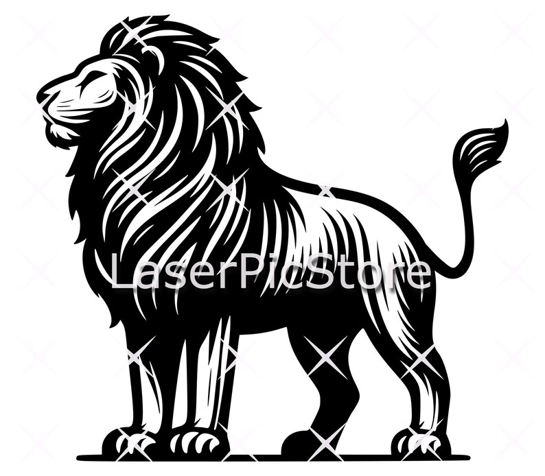 May include: A black and white illustration of a lion standing with its head turned to the left. The lion has a thick mane and a long tail.