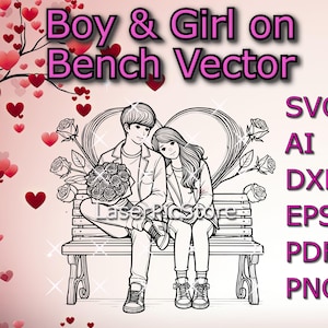 May include: Black and white line art illustration of a couple sitting on a bench. The couple is holding a bouquet of flowers. The image is set against a pink background with hearts.