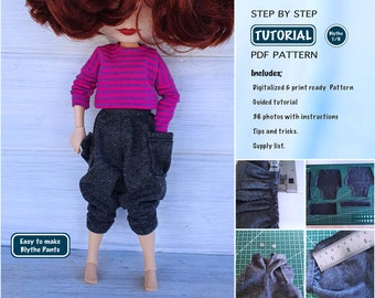 May include: A step-by-step tutorial for making Blythe doll trousers. The tutorial includes a digital pattern, 36 photos with instructions, tips and tricks, and a supply list. The image shows a Blythe doll wearing the trousers, as well as close-up photos of the pattern pieces and sewing process.
