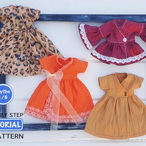 May include: Four doll dresses in various styles and colors. One dress has a leopard print, another is red with white lace trim, an orange dress with a bow, and a mustard-colored dress. The image includes the text "Blythe 1/6" and "STEP BY STEP TUTORIAL & PATTERN."