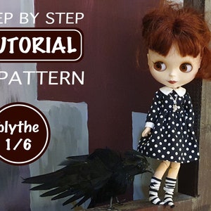 May include: A step-by-step tutorial and pattern for making a black and white polka dot dress for a Blythe doll. The doll is wearing the dress and has red hair. The text "blythe 1/6" is in a circle on the left side of the image.