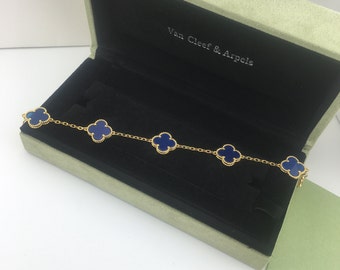 Authentic Van Cleef 18K Yellow Gold Blue Agate Vintage Alhambra Bracelet Charm Bracelets jewlery bracelets four leaf clover bracelet