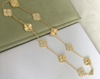 Collier authentique Van Cleef en or 18 carats et diamants, trèfle à quatre feuilles porte-bonheur vintage ALHAMBRA, collier trèfle à 10 motifs, collier de clous de girofle