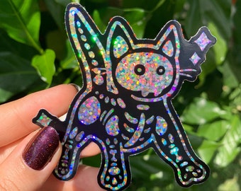 Black Glitter Skeleton Cat Sticker - Waterproof Halloween Vinyl