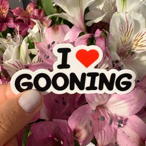 Könnte beinhalten: Ein weißer Aufkleber mit dem Text "I ❤ GOONING" in schwarzen Buchstaben und einem roten Herz. Der Aufkleber wird vor einem Strauß rosa und weißer Blumen gehalten.