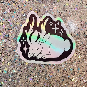 Sleepy Jackalope Holographic Sticker | Cute Cryptid Bunny Vinyl Decal | Magical Forest Creature | Mythical Rabbit