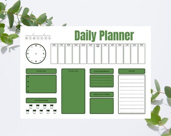 Afdrukbare dagelijkse planner | Minimalistische groene takenlijst | Productiviteitsplannerpagina | Pdf direct downloaden
