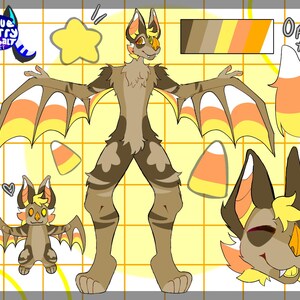 May include: A digital art piece featuring a bat-like character with candy corn-themed wings and accents. The character is depicted in multiple poses, including a full body, headshot, and a smaller version. The color palette includes shades of brown, yellow, and orange.
