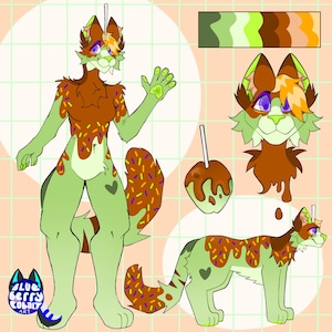 May include: Digital illustration of a cartoon character, a cat-like creature, in green and brown tones, adorned with sprinkles and a heart. A caramel apple is also depicted in the image.