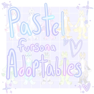 以下が含まれることがあります： パステルカラーの擬人化された動物のキャラクターが描かれたデジタルイラスト。 「Pastel Fursona Adoptables」の文字がグラデーションフォントで書かれています。 背景は薄紫色のグリッドです。