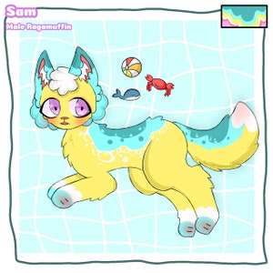 May include: A yellow and blue cartoon cat with a white fluffy mane, swimming in a blue tiled pool. The cat has purple eyes and a pink nose. There is a red crab, a blue whale, and a yellow and red beach ball in the background.