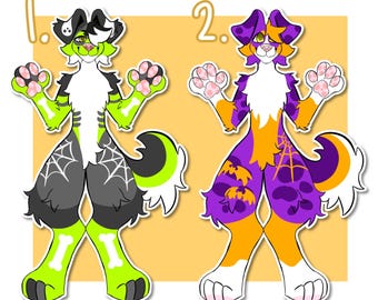 May include: Two cartoon dog illustrations with Halloween themes. One dog is green, black, and white with a spiderweb design. The other is purple, orange, and white with bat and spiderweb designs. Both have bone accents.
