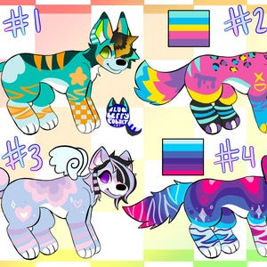 Puede incluir: Cuatro ilustraciones de perros de dibujos animados coloridos con patrones y paletas de colores únicos. Cada perro tiene un diseño diferente, incluyendo rayas, estrellas y formas geométricas. La imagen incluye muestras de color y el texto "#1", "#2", "#3" y "#4".