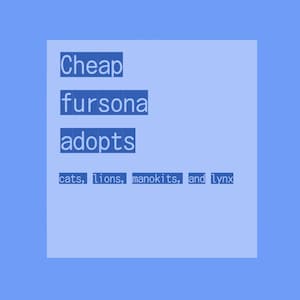 May include: A blue and white text graphic on a light blue background. The text reads "Cheap fursona adopts cats, lions, manokits, and lynx".