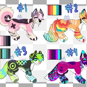 May include: Four colorful cartoon dog designs with unique patterns and color palettes. Each dog has a different color scheme, including pink, orange, green, and purple. Each design is labeled with a number and includes a color palette.