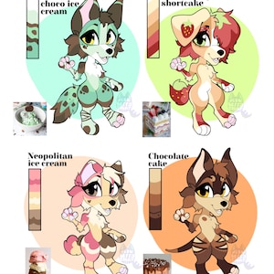 May include: Four anthropomorphic canine character designs inspired by desserts. Each character features a unique colour palette matching a specific treat: Mint choco ice cream, Strawberry shortcake, Neapolitan ice cream, and Chocolate cake.