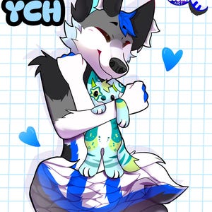 May include: A cartoon illustration featuring a wolf character embracing a small plush toy. The wolf has gray, white, and black fur with blue details. The plush toy is blue and green. The image includes the text "Fursona YCH" and a logo.