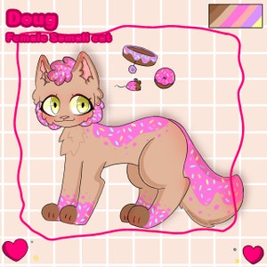 May include: Illustration of a cartoon cat named Doug, a Female Somali cat, with a donut theme. The cat is tan with pink frosting and colorful sprinkles. Additional donut and mouse illustrations are included. The background is a grid pattern with a pink border.