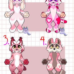 Könnte beinhalten: Vier cartoonartige, anthropomorphe Tierfiguren in Rosa-, Rot- und Brauntönen. Jede Figur hat ein herzförmiges Design auf der Brust. Die Figuren sind von 1 bis 4 nummeriert, mit einem Hasen, einer Katze, einem Luchs und einem wolfsähnlichen Wesen.