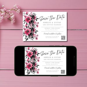 Könnte beinhalten: Eine Save-the-Date-Karte mit einem floralen Design in Rosa- und Schwarztönen. Der Text lautet "Save the Date" Amelia & Lucas heiraten. Sonntag, 17. August. Zwanzig Zwanzig Fünf. Formelle Einladung folgt. Bitte per QR-Code oder [Telefonnummer] antworten.