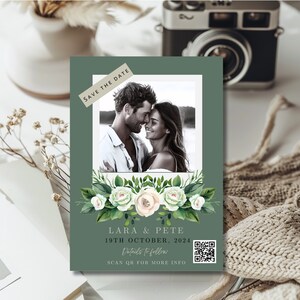 Sage Green Floral Save the Date Polaroid Template with QR Code (Digital Printable)