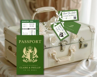 Jade Green Pass Bröllopsinbjudan & Boardingkort Spara datumet (Digital mall)